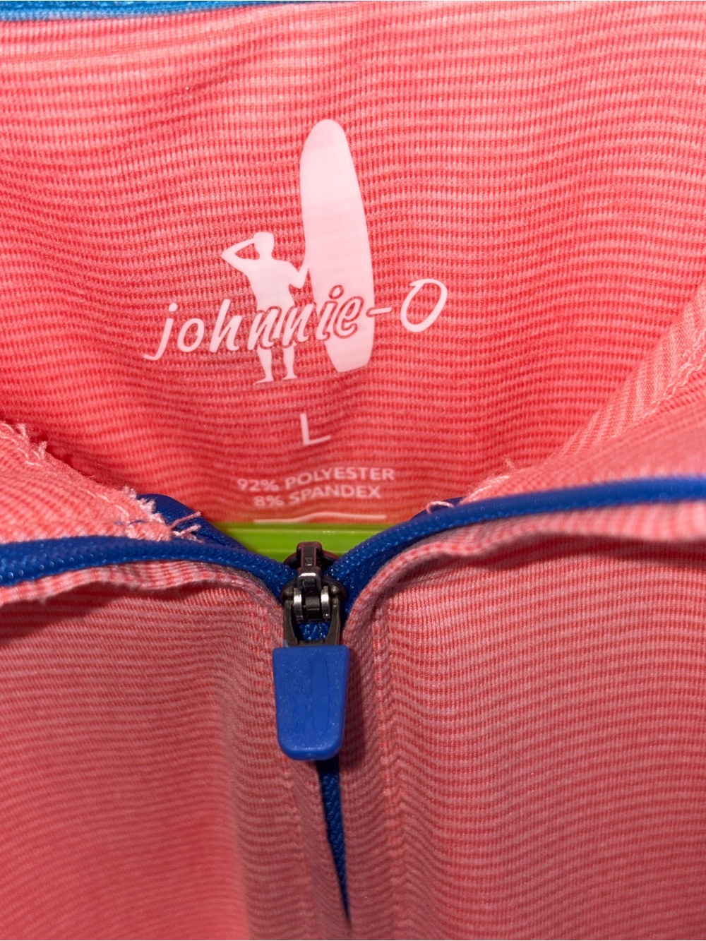 johnnie-O Coral Pink Polo with Blue Zipper Trim